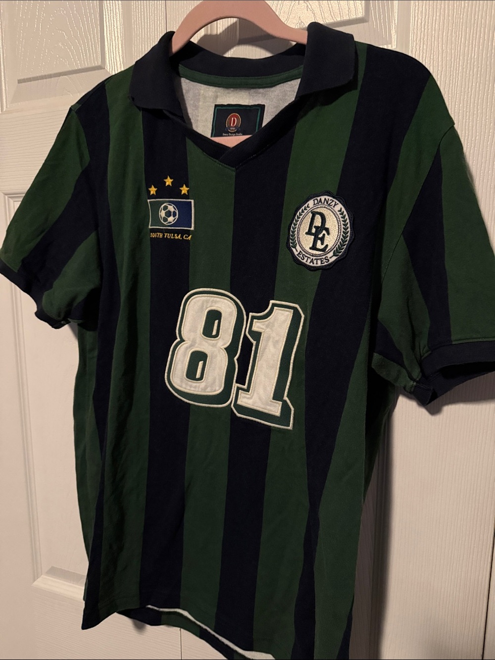 Abercrombie & Fitch Green and Black Striped Rugby Polo with '81' Patch
